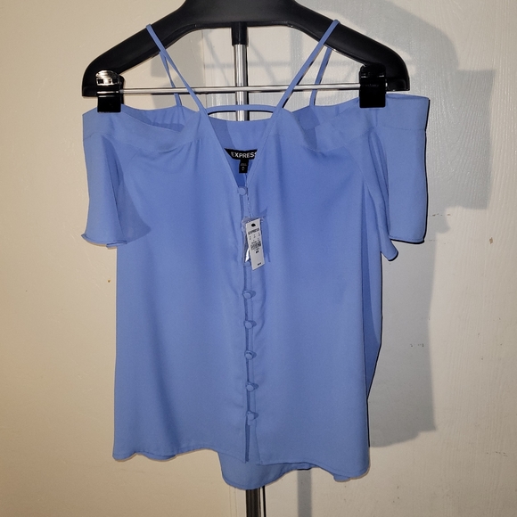 NEW Express Medium Pale Blue Button-up Blouse w/ Off-the-Shoulder Drape Sleeves - Picture 7 of 11